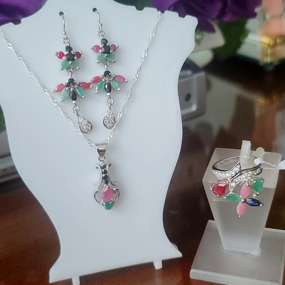 World Class Genuine Ruby,Emerald, Sapphire & Diamond Cut White Sapphire Set